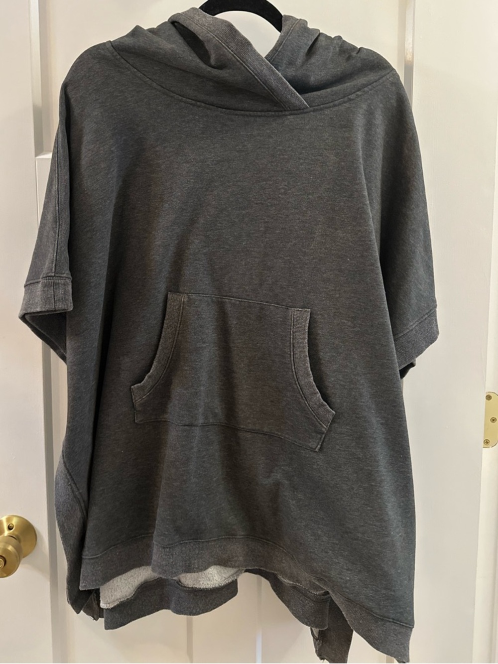 Charcoal Gray Hooded Short-Sleeve Sweatshirt with Kangaroo Pocket